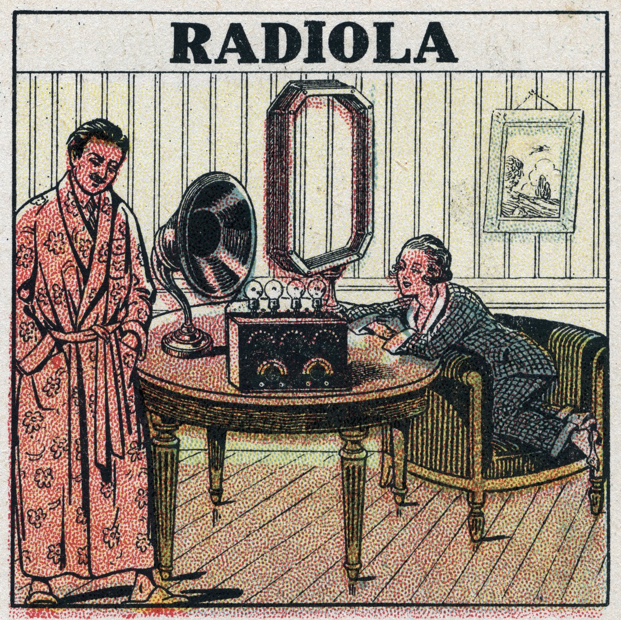 Vezeték nélküli telefonálás: Radiola rádiókészülék. Névtelen illusztráció 1925-ből. Magángyűjtemény. alkotó: Anonymous Anonymous