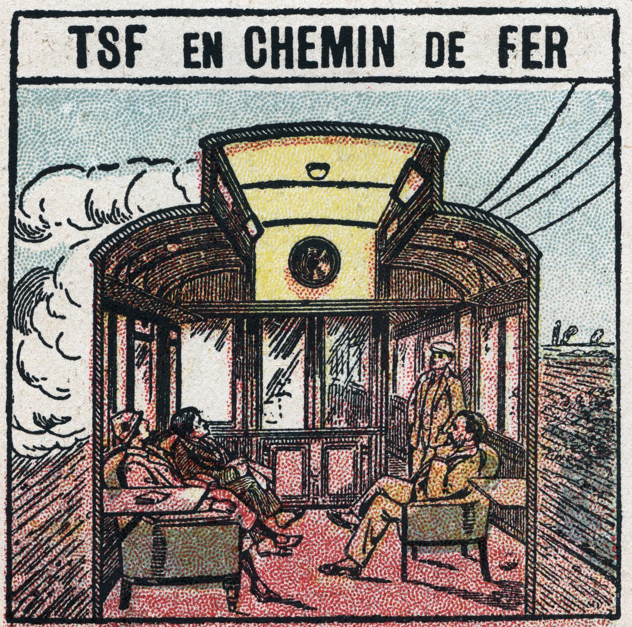 Vezeték nélküli telefonálás: T.S.F. egy vasúti kocsiban. Névtelen illusztráció 1925-ből. Magángyűjtemény. alkotó: Anonymous Anonymous