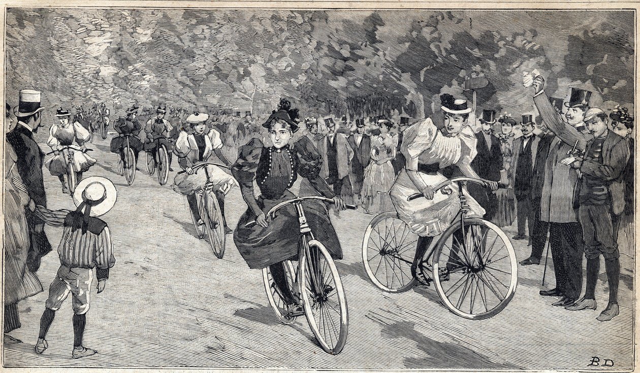 Velocipedisták női versenye a Párizs melletti Bois de Boulogne-ban. Metszet a „” Le Petit Parisien”-ben, 1893.06.25. alkotó: Anonymous Anonymous