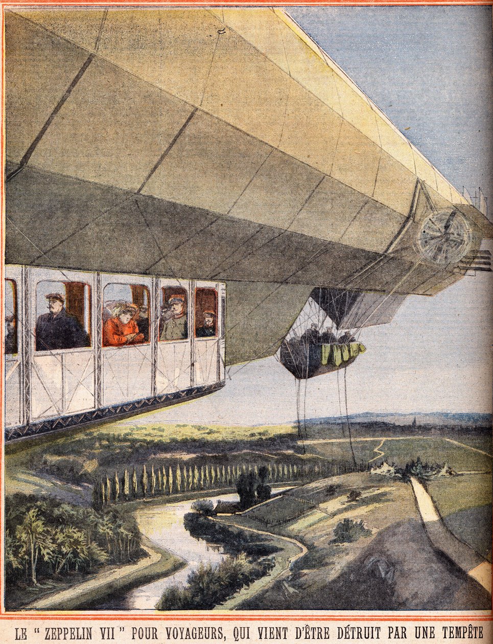 Zeppelin VII azon utazóknak, akiket éppen most pusztított el egy vihar. Metszet a „” Le petit parisien””-ben 1910.10.07. Magángyűjtemény. alkotó: Anonymous Anonymous