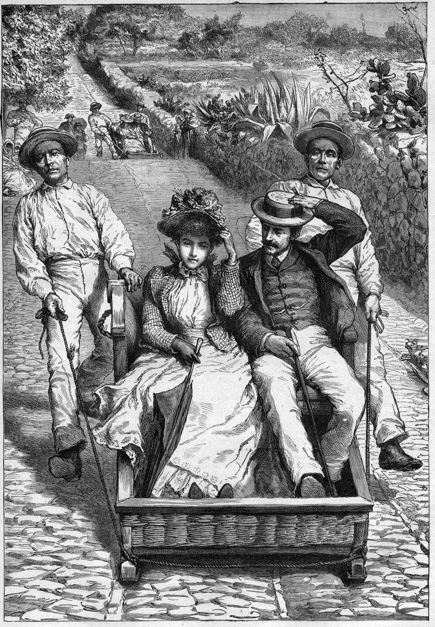 carros de cesto Madeirán 1893 - Les corinhos (carrieros) a Madeira (Madeira) - férfiak, akik két helyen vezetik az ülést a ruletten (un corinho). metszet a „Journal of Travels””-ben, 1893 alkotó: Anonymous Anonymous