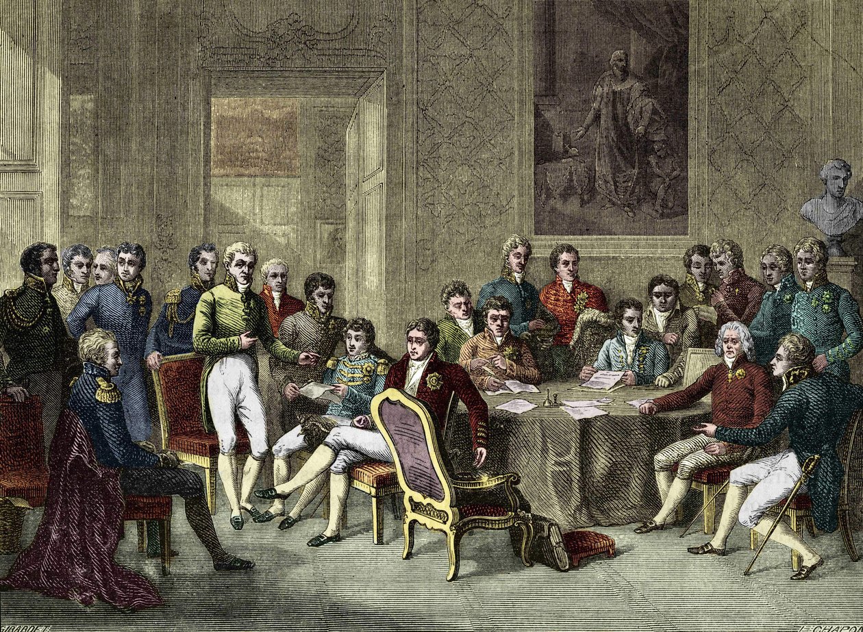 a bécsi kongresszus. A bécsi kongresszus 1815-ben. I. Sándor cár; H.R.Stewart, Castlereagh; I. Ferenc, Ausztria császára; III. Frigyes Vilmos porosz király; Karl August, Hardenbergh hercege; Wilhelm von Humboldt (William of Humboldt alkotó: Anonymous Anonymous