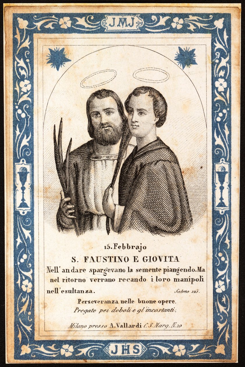 a mártírok Szent Faustin és Szent Jovita Jámbor kép. Képeslap. 20. század eleje. Magángyűjtemény alkotó: Anonymous Anonymous