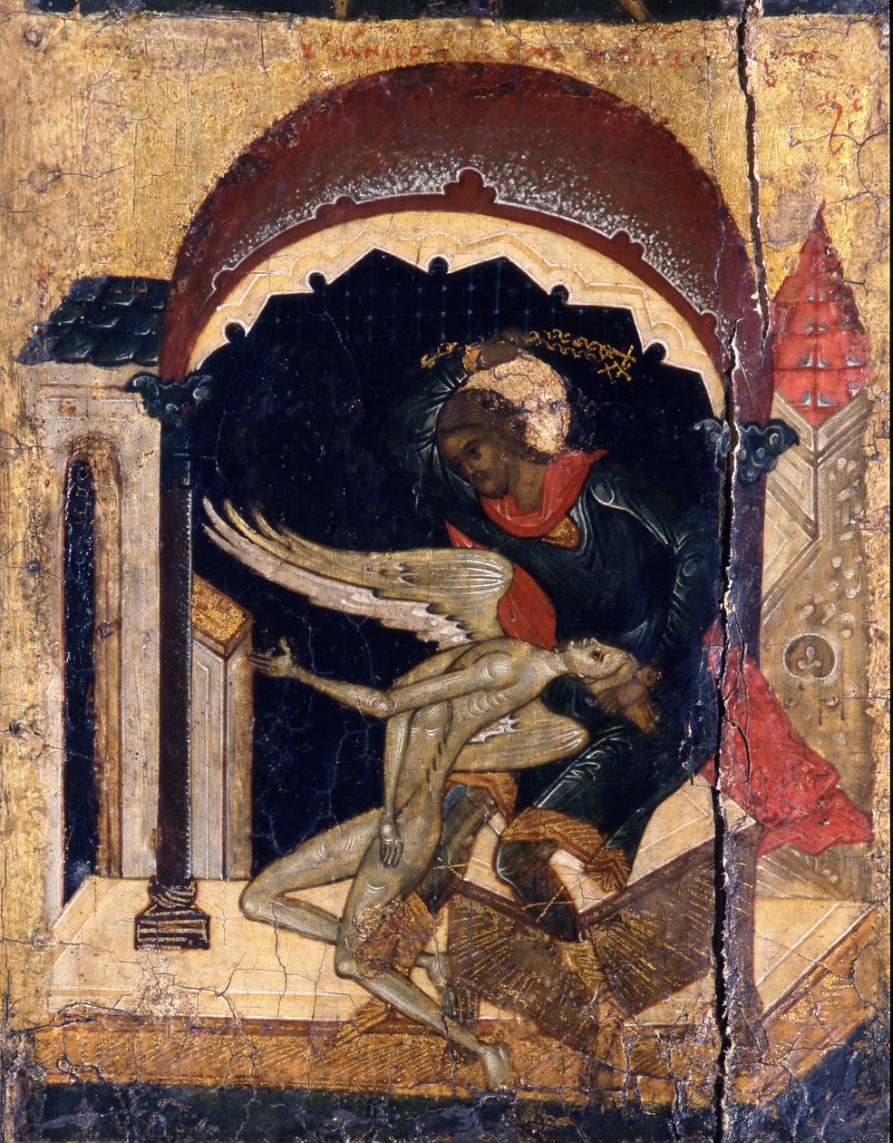 Szent Nicetas legyőzi a Sátán részletét, 16. század alkotó: Anonymous Russian icon painter