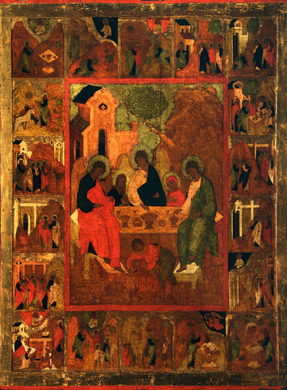 Ábrahám vendégszeretete Ószövetségi Szentháromság, 16. század vége. alkotó: Anonymous Russian icon painter