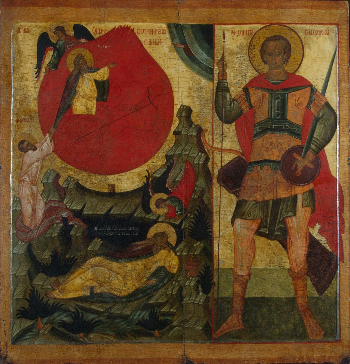 Illés próféta és a tüzes szekér. Szaloniki Szent Demetrius, 16. század közepe alkotó: Anonymous Russian icon painter