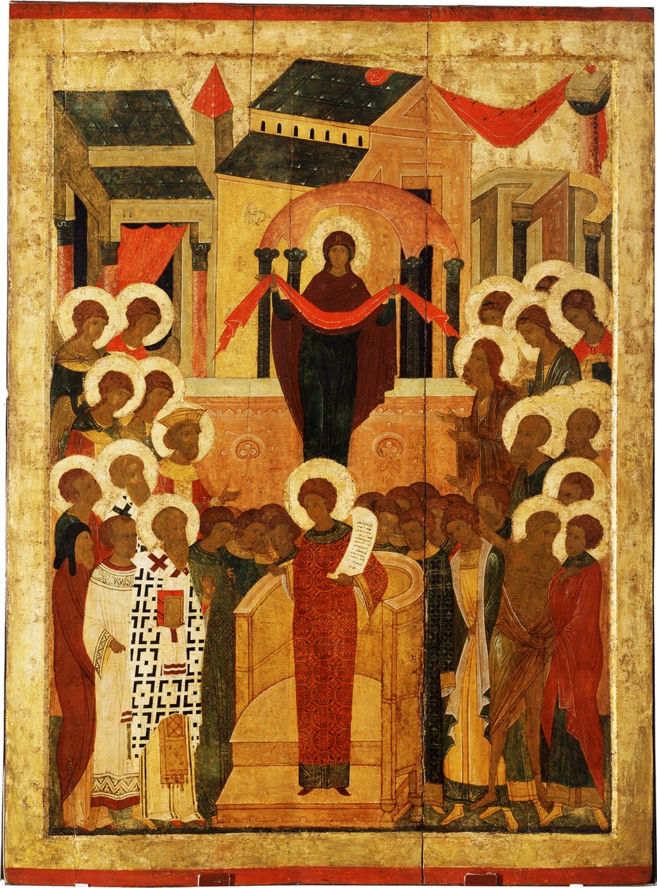 Pokrov Istenszülő oltalma, 15. század második fele. alkotó: Anonymous Russian icon painter