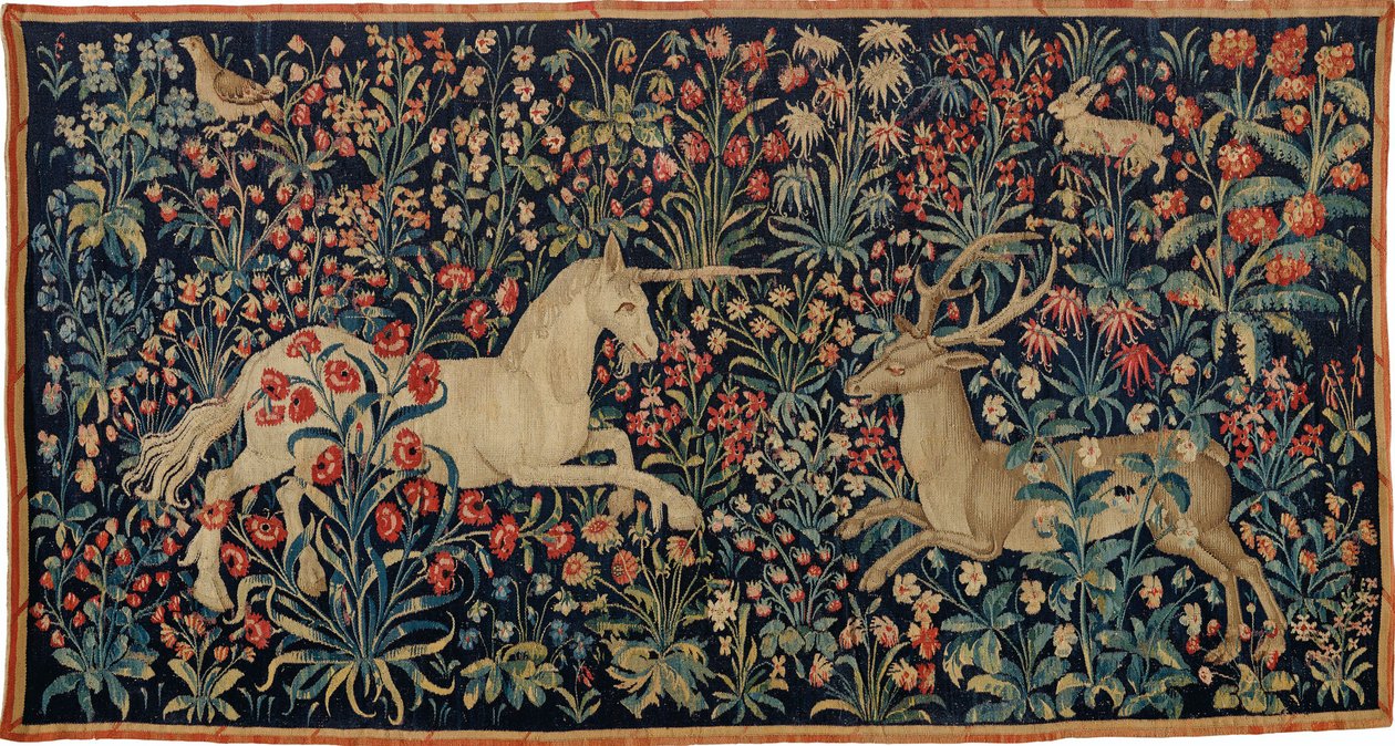 Egyszarvú és egy szarvas a virágmezőben, c. 1500. alkotó: Anonymous master.