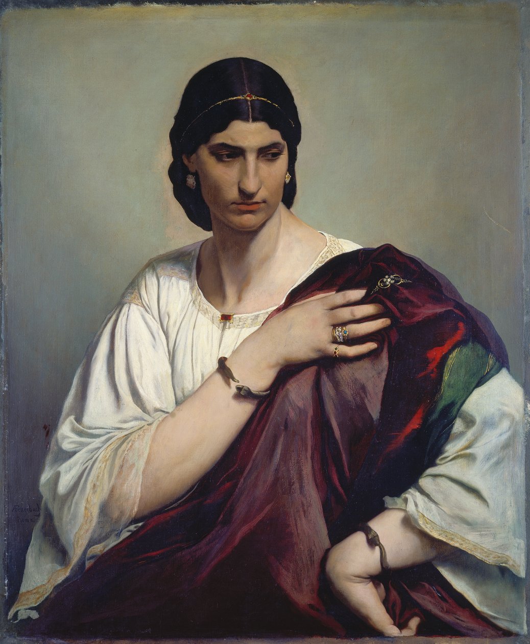 Lucrezia Borgia; Egy római nő portréja fehér tunikában és vörös köntösben alkotó: Anselm Feuerbach