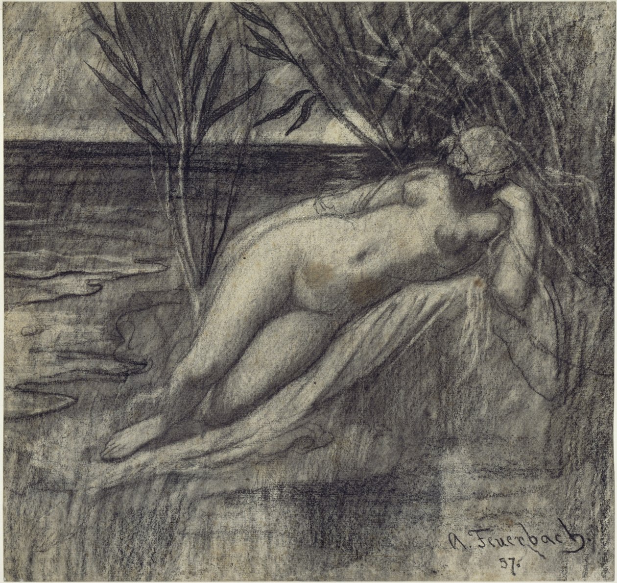 Alvó nimfa a folyónál alkotó: Anselm Feuerbach