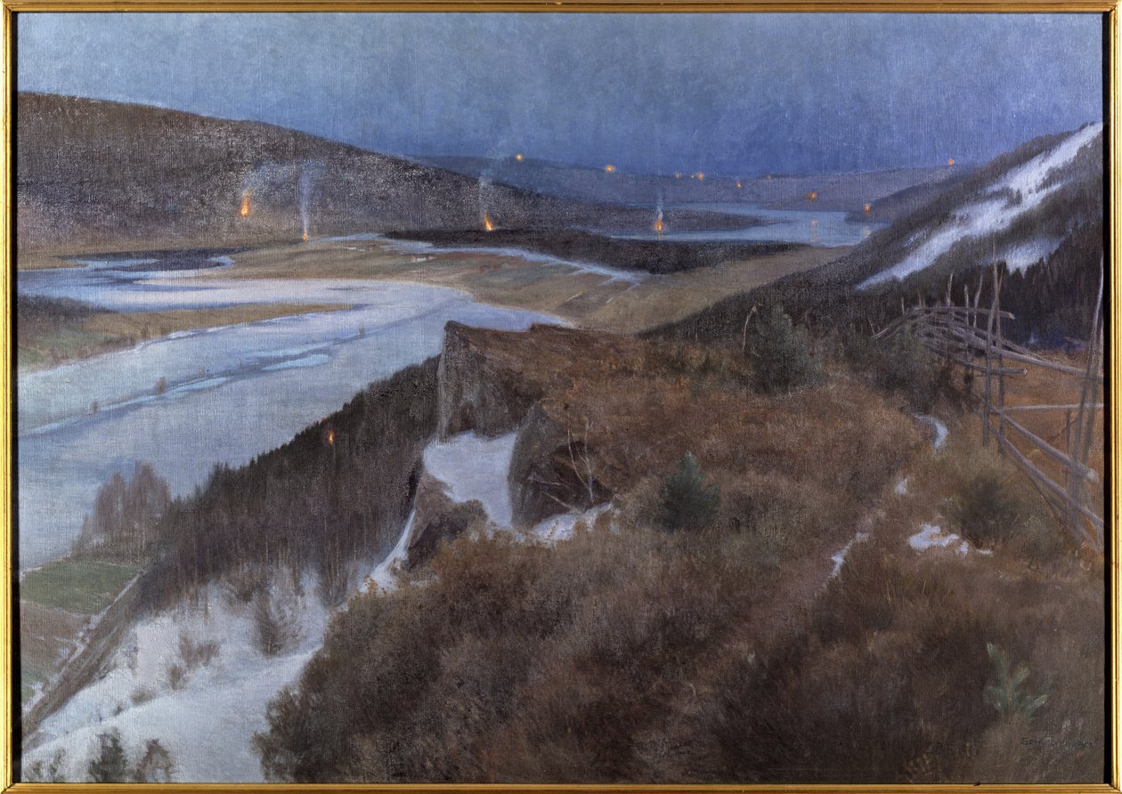 Nuit de Walpurgis a Bergslagen – Walpurgis Night Bergslagenben, Grangaerde Dalarnában, Schultzberg, Anshelm Leonard (1862-1945). Olajfestmény alkotó: Anshelm Schultzberg