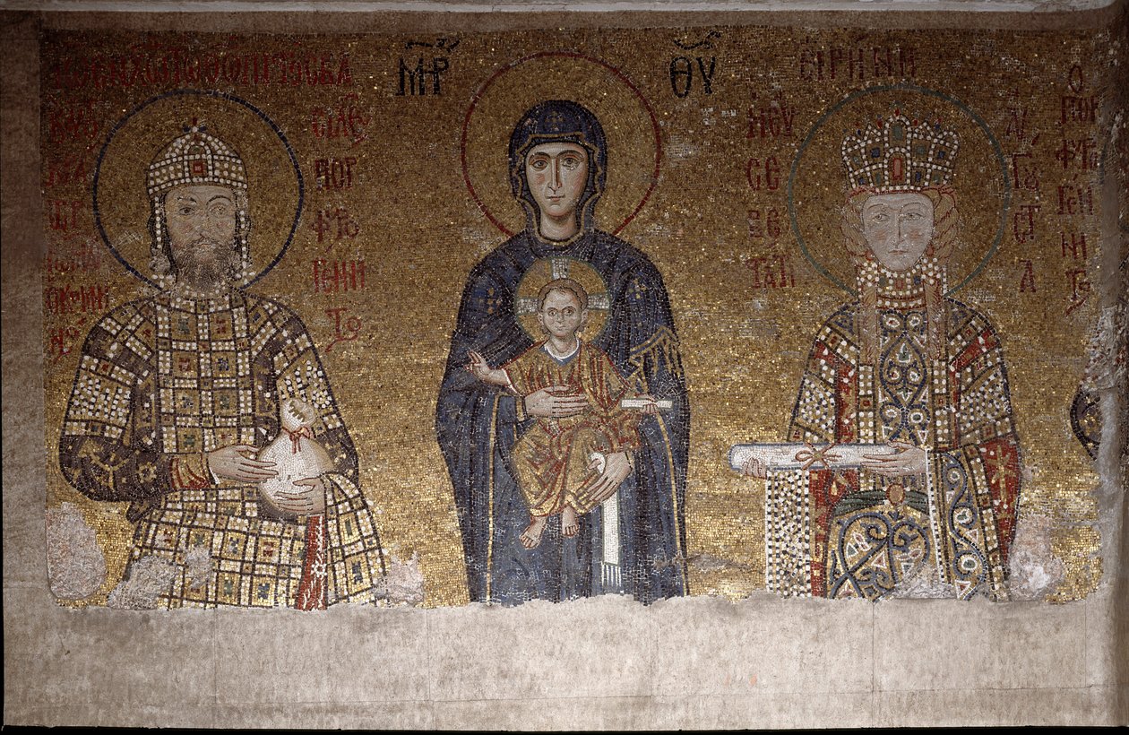 II. Komnénos János és felesége, Magyarországi Irén között ülő Szűz (Mozaik, VI. század) alkotó: Anthemius of and Miletus Isidore of Tralles