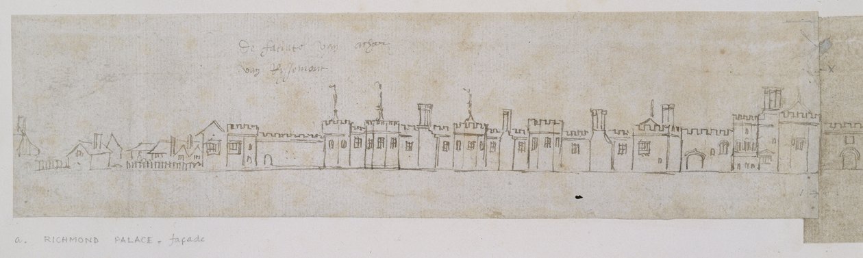 Richmond Palace, homlokzat (toll és barna tinta fekete krétával írt halvány jelzéseken) alkotó: Anthonie Jacobus van Wyngaerdt