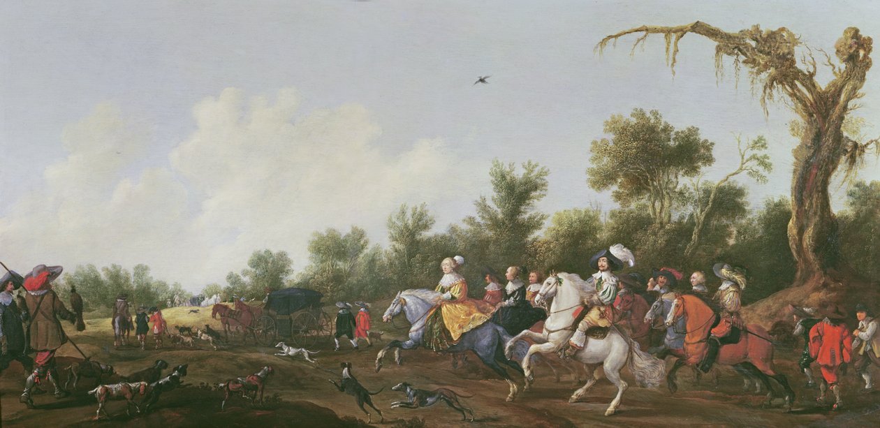 V. Frigyes, a télkirály és felesége, Stuart Erzsébet lóháton indul vadászatra, 1631 alkotó: Anthonie Palamedesz
