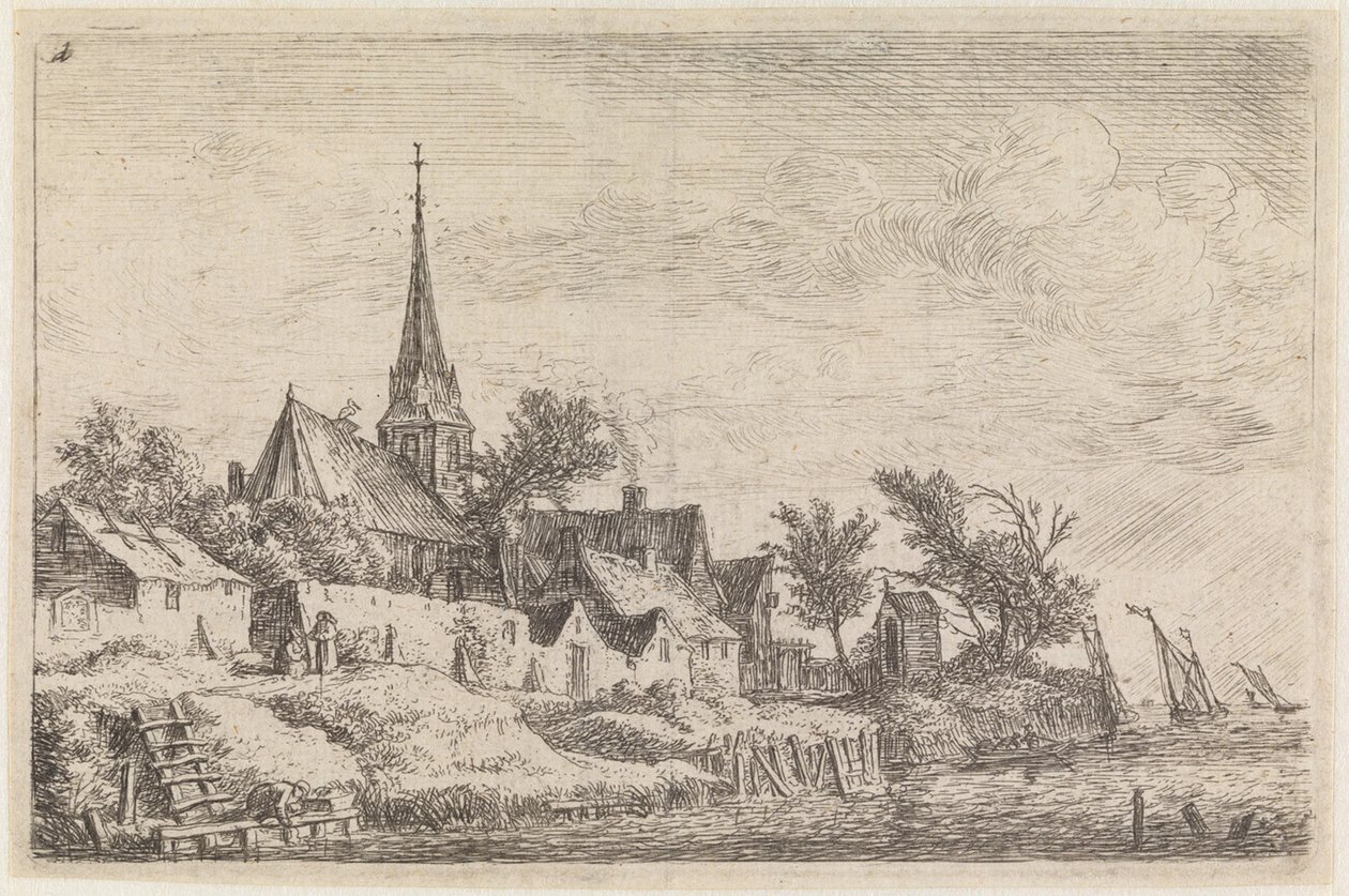 Falu hegyes tornyú templommal a tengerparton (12 nyomatból álló sorozat 4. darabja) alkotó: Anthonie Waterloo