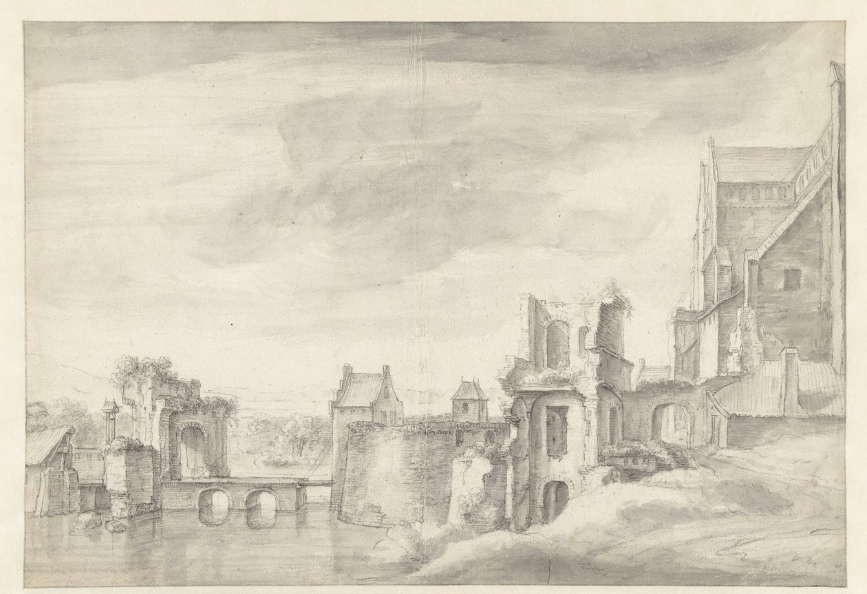 Kilátás a romokra a folyóparton (St. Walburgkerk Arnhemben?) alkotó: Anthonie Waterloo