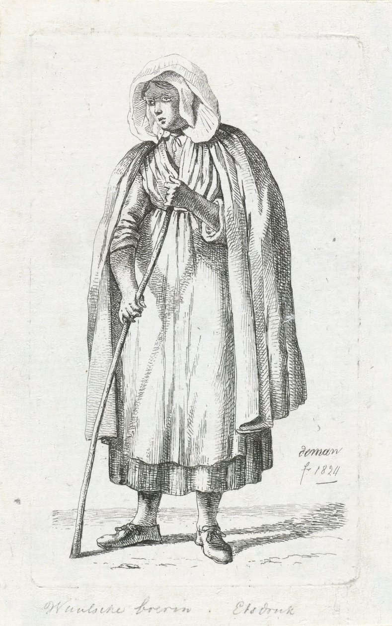 Nő köpennyel és bottal Vallon farmer felesége (cím a tárgyon) alkotó: Anthonie Willem Hendrik Nolthenius de Man
