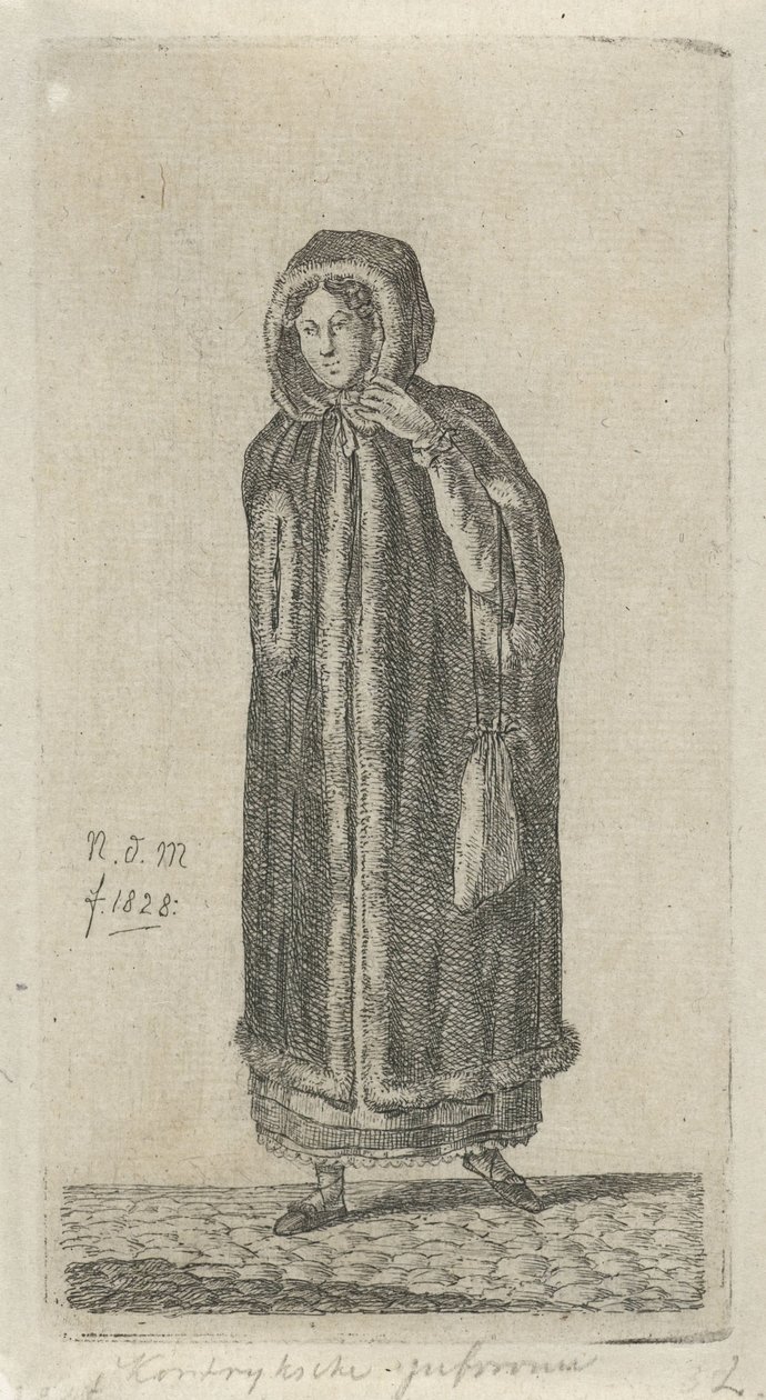 Nő köpenyt Kortrijk Miss (cím a tárgyon) 12 tanulmányfigura (sorozat címe) alkotó: Anthonie Willem Hendrik Nolthenius de Man