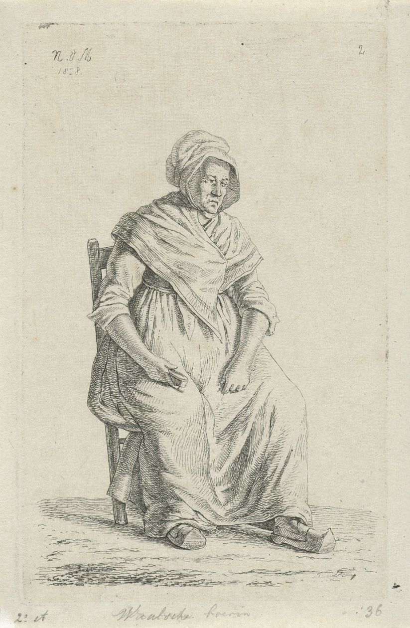 Ülő parasztasszony Vallóniából Vallon farmer felesége (cím a tárgyon) Parasztok és farmerfeleségek a Holland Királyságból (sorozat címe) alkotó: Anthonie Willem Hendrik Nolthenius de Man