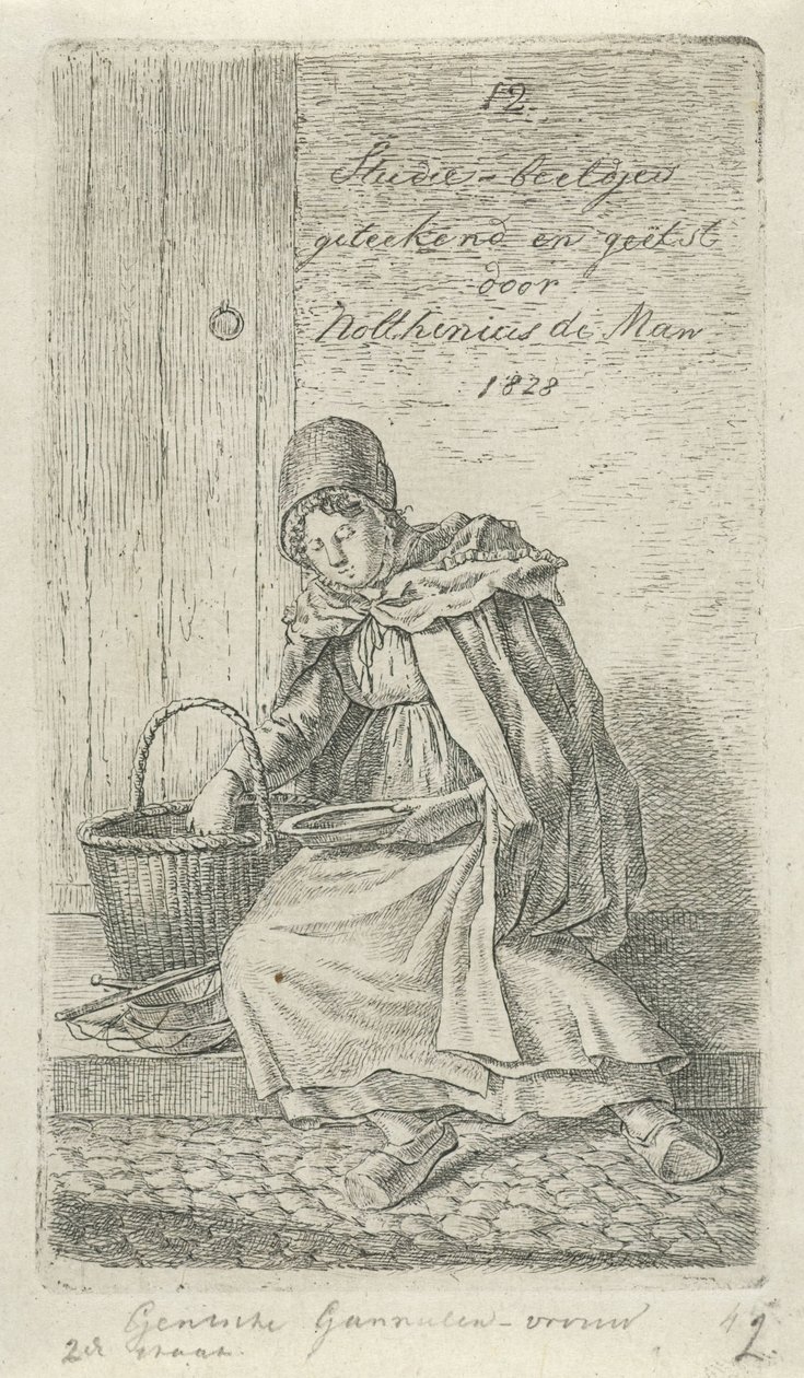Ülő nő kosárral és tányérral Gentsche garnéla nő (cím a tárgyon) 12 tanulmányfigura (sorozat címe) alkotó: Anthonie Willem Hendrik Nolthenius de Man