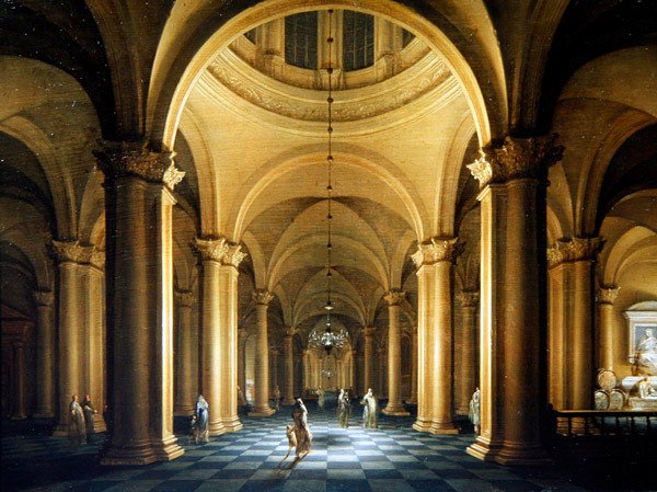 Éjszakai templombelső elegáns figurákkal alkotó: Anthonie de Lorme
