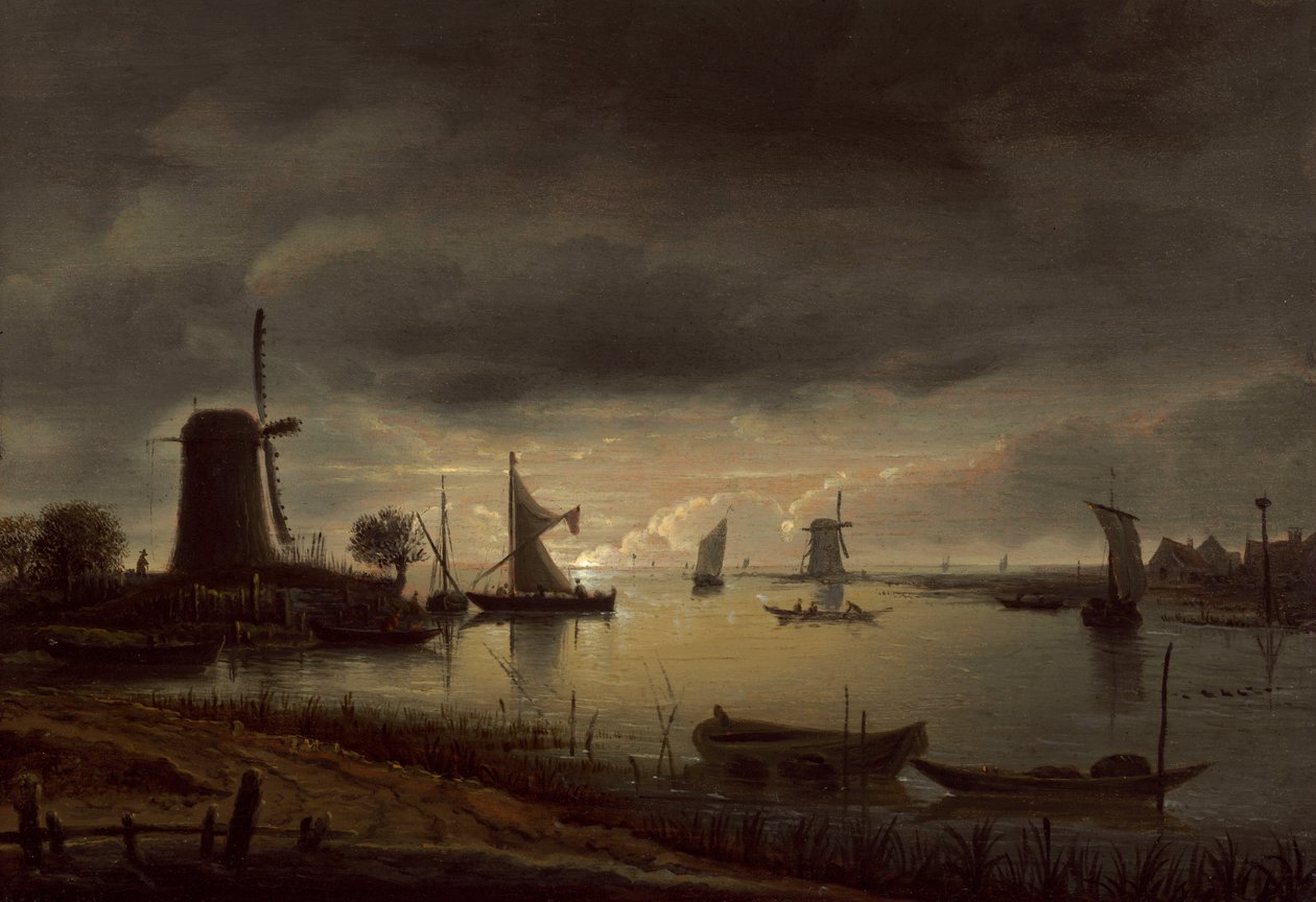 Folyói jelenet szélmalommal és csónakokkal, Este, c. 1645. alkotó: Anthonie van Borssom