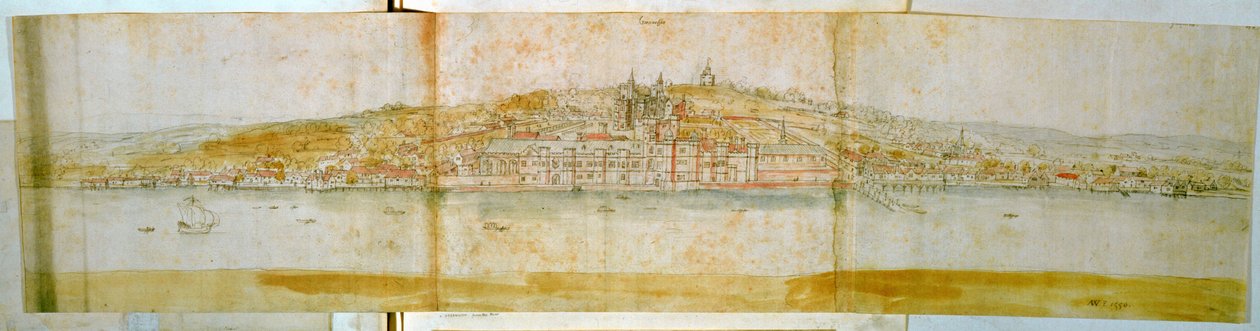 Greenwich-palota a Temze északi partjáról, 1544 körül (toll, tinta és WC papíron) alkotó: Anthonis van den Wyngaerde