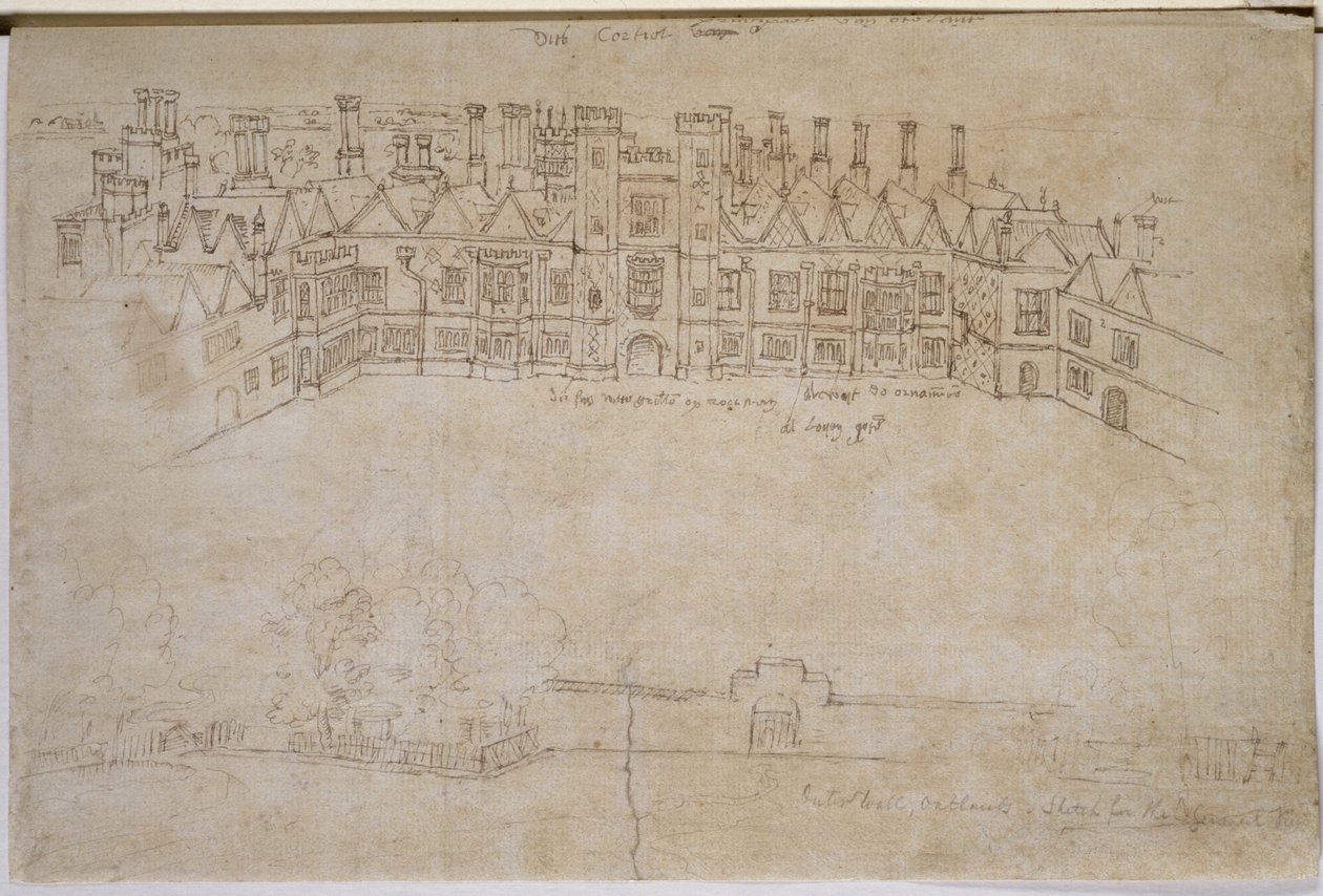 Oatlands belső udvara és külső fala, Richmond-palota, 16. század (toll és tinta papíron) alkotó: Anthonis van den Wyngaerde
