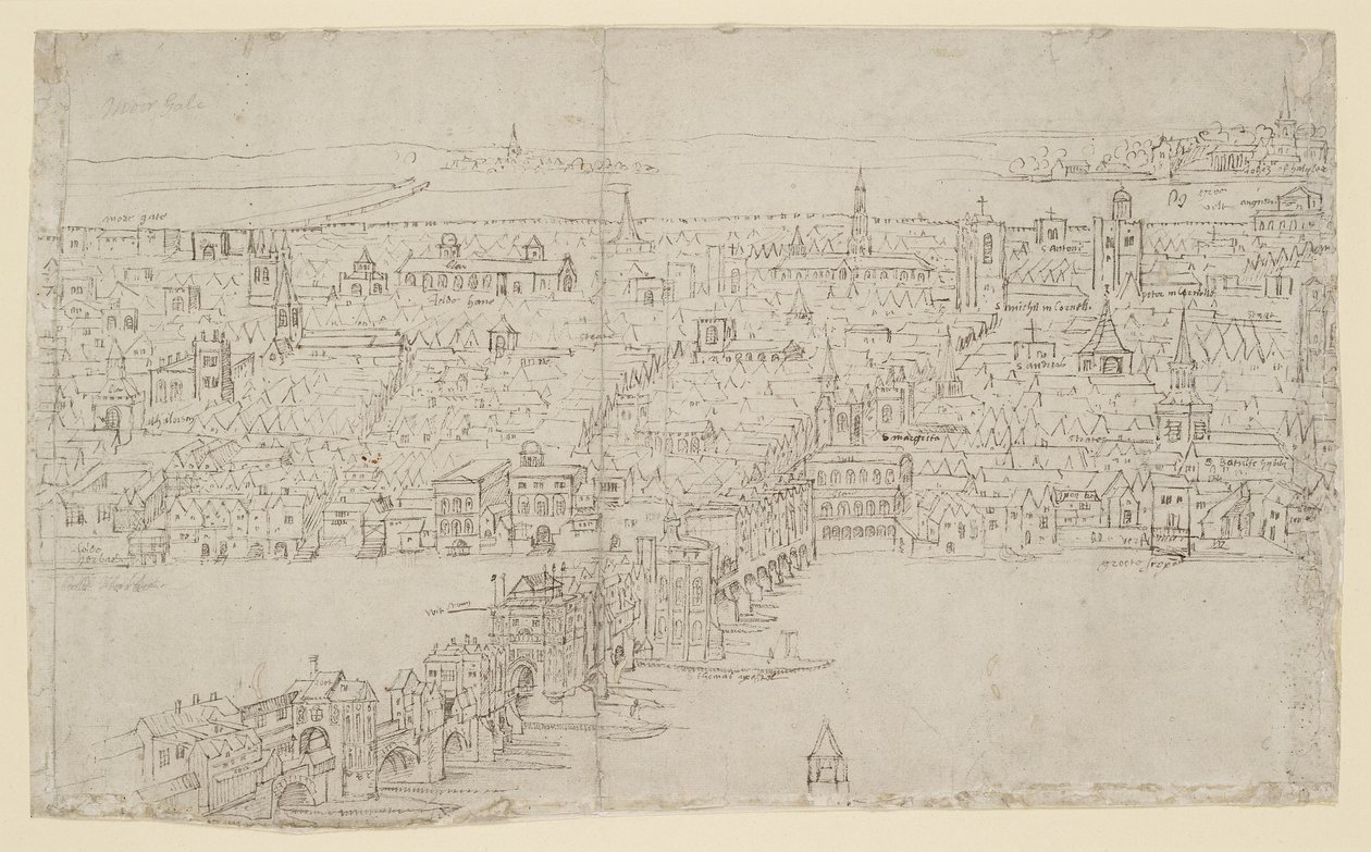 London Bridge, „The Panorama of London”, 1544 körül (toll, tinta és kréta papíron) alkotó: Anthonis van den Wyngaerde