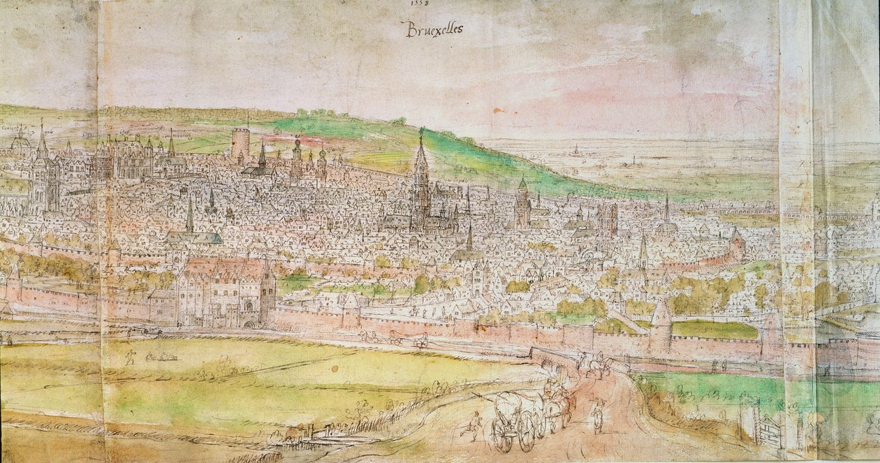 Panorámás kilátás Brüsszelre, 16. század (toll és tinta, WC papíron) alkotó: Anthonis van den Wyngaerde