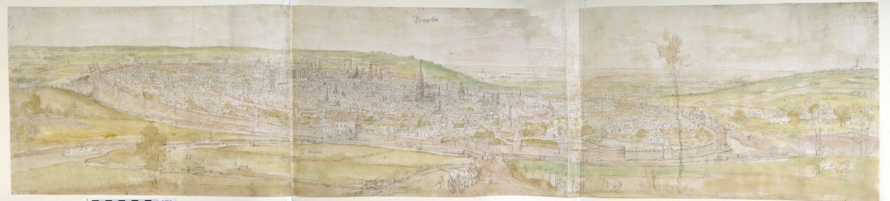 Brüsszel panorámaképe északról, 1558 (toll és barna tinta, akvarell, fekete kréta nyomai fölött) alkotó: Anthonis van den Wyngaerde