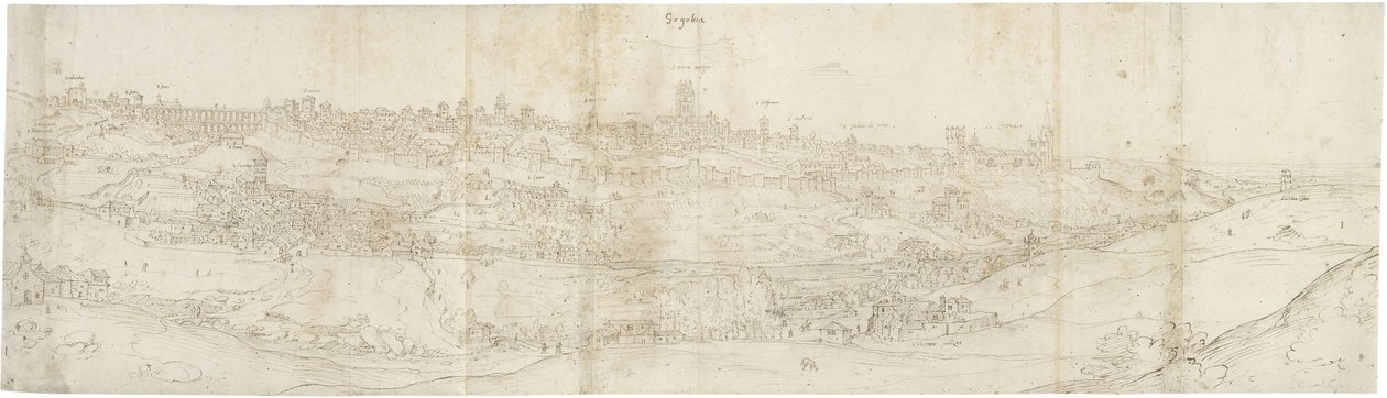 Panorámás kilátás Segoviára keletről (toll és barna tinta, fekete kréta feletti kék árnyalattal) alkotó: Anthonis van den Wyngaerde