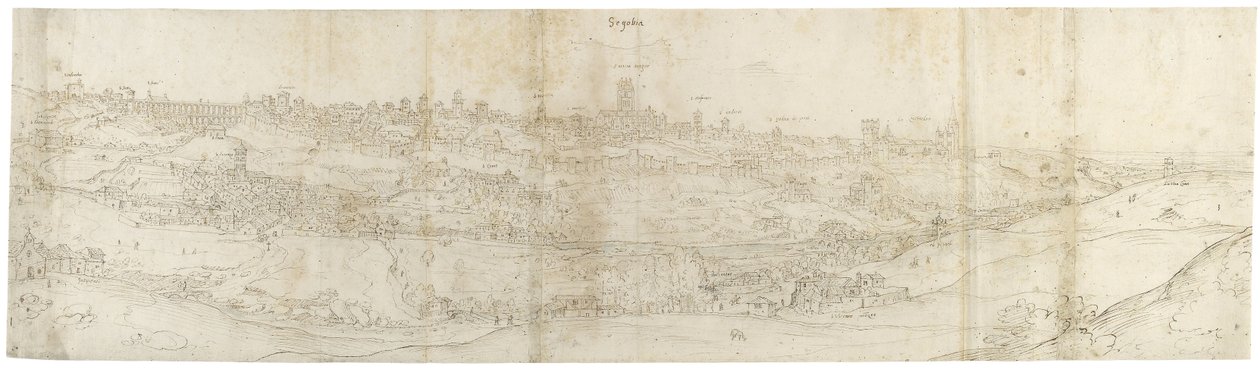 Panorámás kilátás Segoviára keletről (toll és barna tinta, fekete kréta feletti kék árnyalattal) alkotó: Anthonis van den Wyngaerde