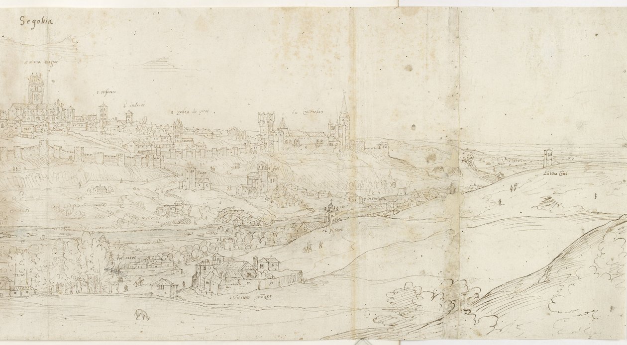 Segovia panorámaképe keletről (toll és barna tinta, fekete krétára kék mosással) alkotó: Anthonis van den Wyngaerde