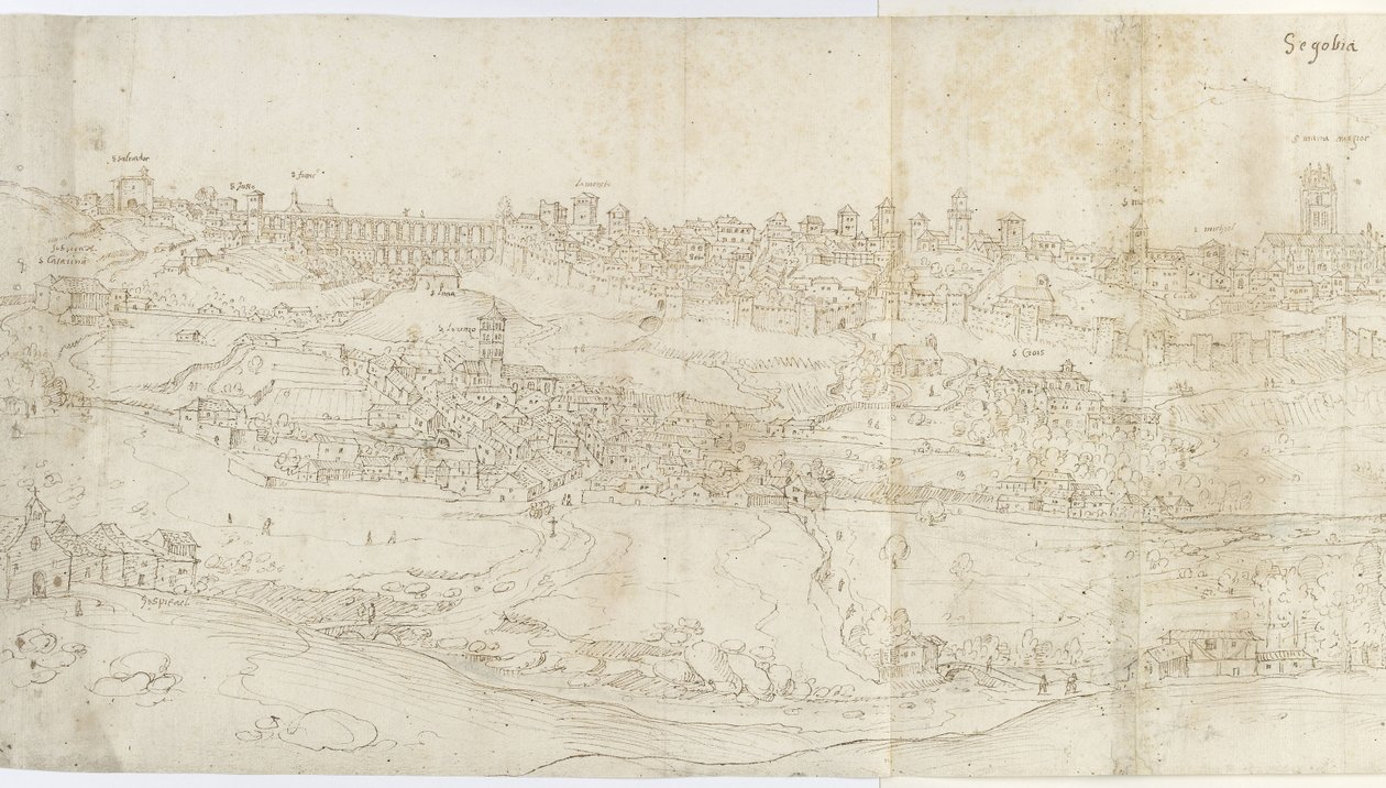 Panorámás kilátás Segoviára keletről (toll és barna tinta, fekete kréta feletti kék árnyalattal) alkotó: Anthonis van den Wyngaerde