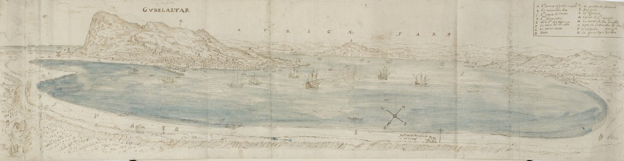 Panorámás kilátás a Gibraltári-öbölre, kilátással a városra és az afrikai partokra (toll és barna tinta, fekete kréta feletti kék mosás) alkotó: Anthonis van den Wyngaerde