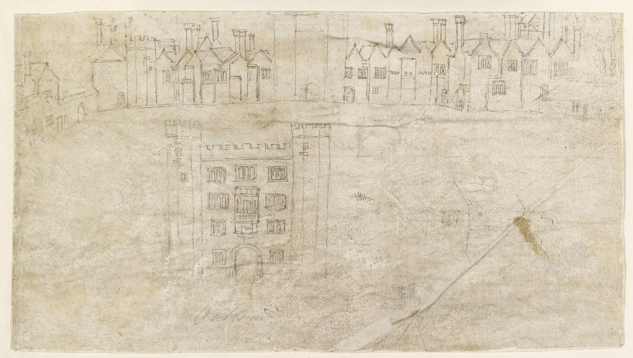 Recto: Épületek az Oatlands Palace déli frontja mentén (toll és barna tinta halvány jelzéseken fekete krétán) alkotó: Anthonis van den Wyngaerde