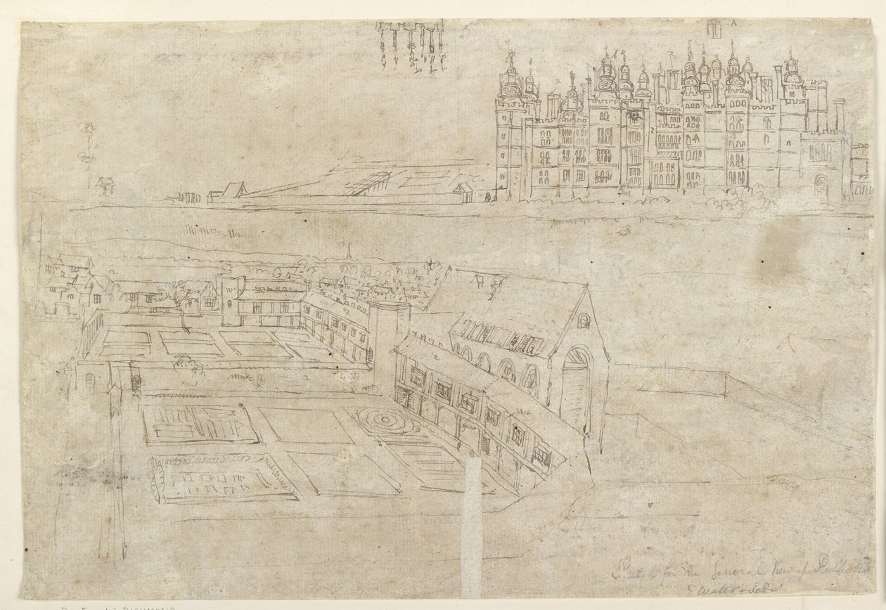 Recto: A Richmond-palota és a Privy Gardens folyópartja (toll és barna tinta halvány jelzéseken fekete krétán) alkotó: Anthonis van den Wyngaerde
