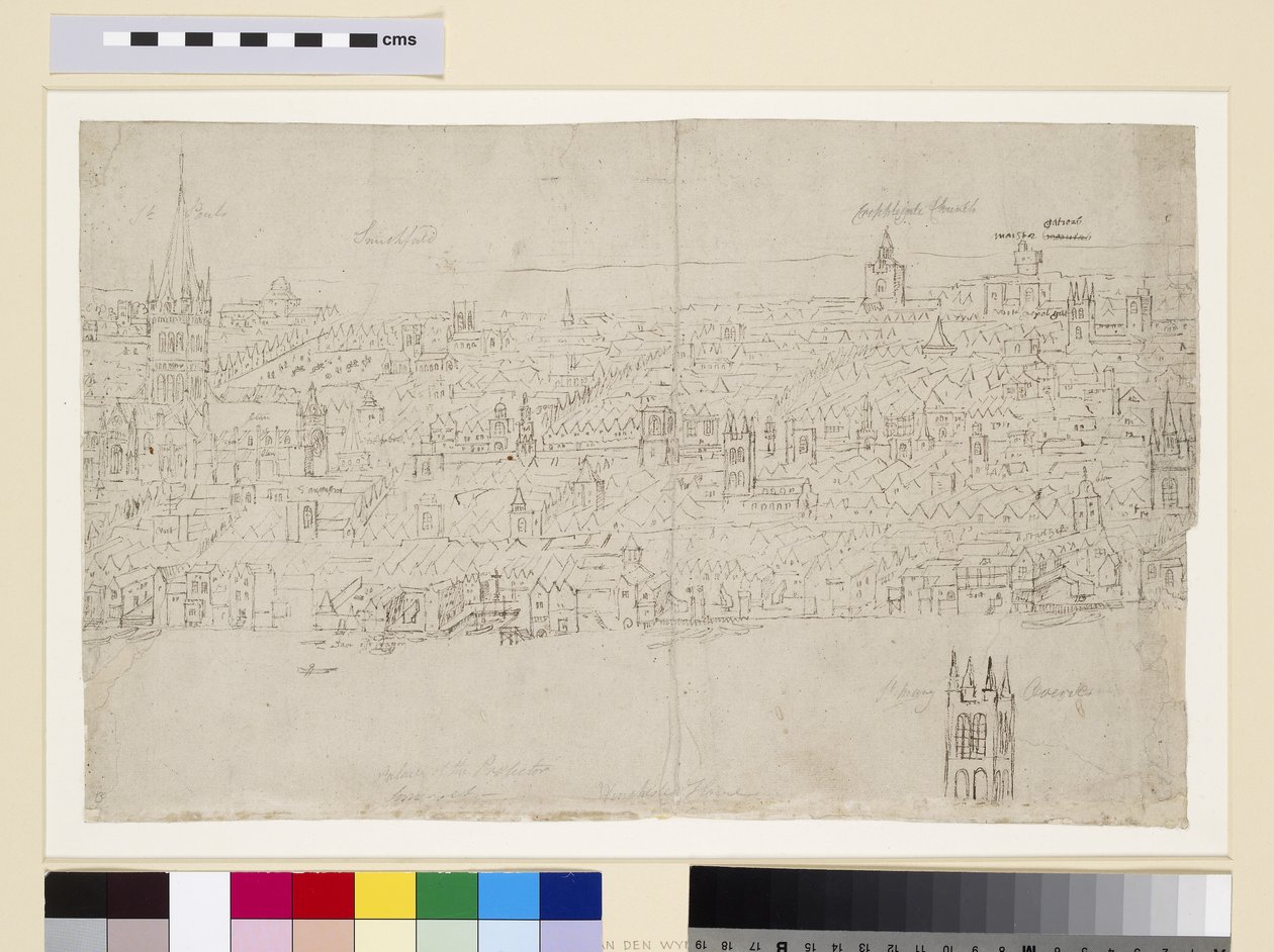 Szent Pál katedrális, a "The Panorama of London" című képből, 1544 körül (toll és ceruza, papír) alkotó: Anthonis van den Wyngaerde