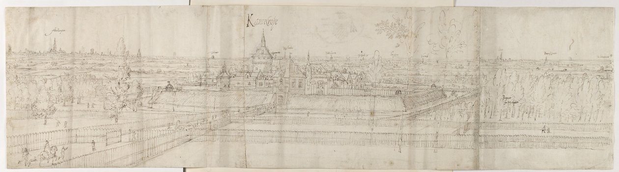 Kilátás az Antwerpen melletti Cantecroy palotára és a környező vidékre, 1557-58 (toll és barna tinta fekete krétával) alkotó: Anthonis van den Wyngaerde