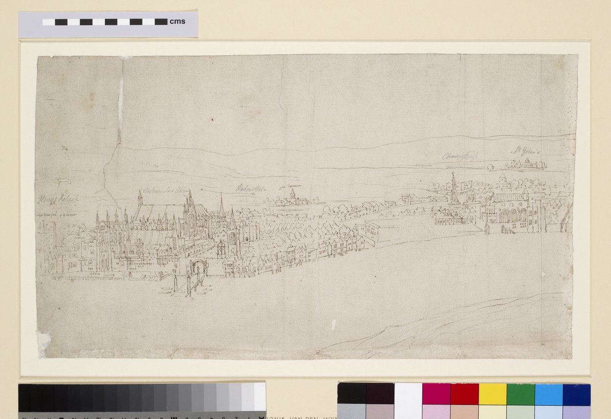 Westminster-palota, a "The Panorama of London" című képből, 1544 körül (toll és kréta, papír) alkotó: Anthonis van den Wyngaerde