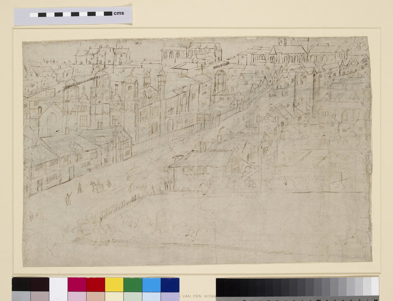 Borough High Street St. Mary Overyvel, a „Londoni panoráma” című filmből, 1544 körül (toll, tinta és ceruza papíron) alkotó: Anthonis van den Wyngaerde