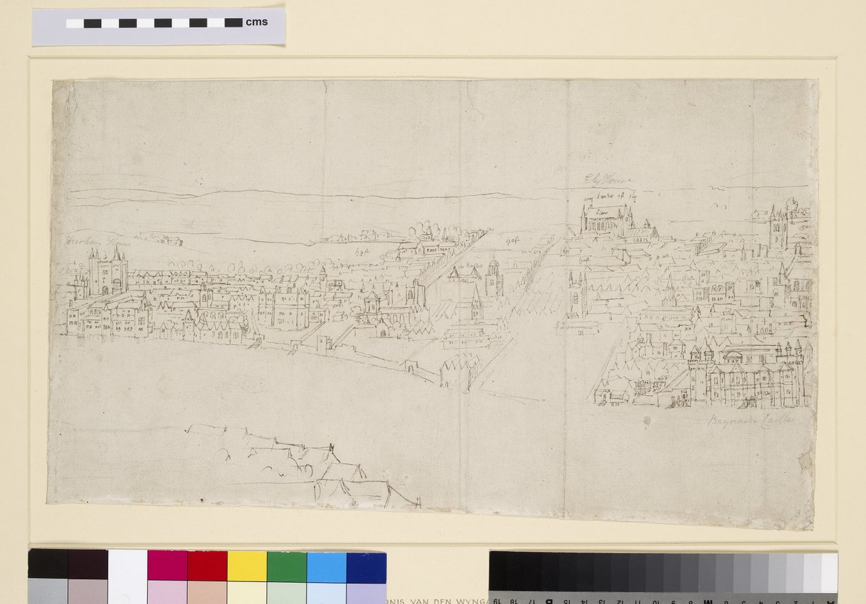 Durham-ház a Barnard kastélyig, a „Londoni panoráma”-ból, 1544 körül (toll, tinta és kréta papíron) alkotó: Anthonis van den Wyngaerde