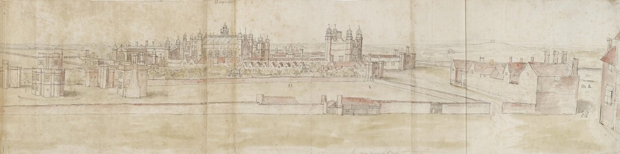 Hampton Court Palace északról (toll és barna tinta és akvarell halvány jelzéseken fekete krétával) alkotó: Anthonis van den Wyngaerde
