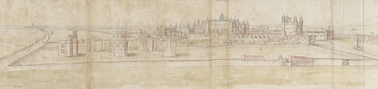 Hampton Court Palace északról (toll és barna tinta és akvarell halvány jelzéseken fekete krétával) alkotó: Anthonis van den Wyngaerde
