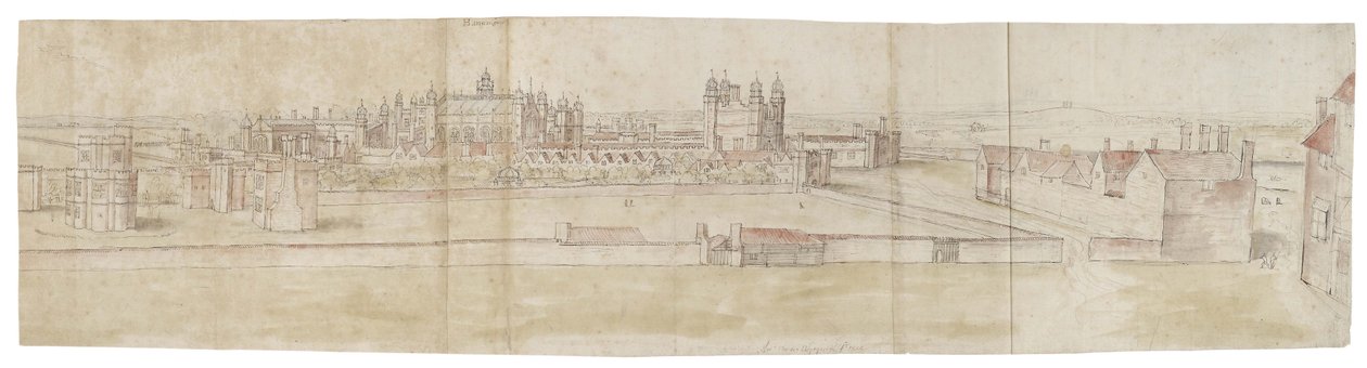 Hampton Court Palace északról (toll, barna tinta és akvarell, fekete krétával írt halvány jelzéseken) alkotó: Anthonis van den Wyngaerde