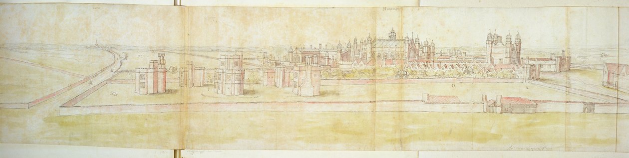 Hampton Court palota északról, 1544 körül (toll, tinta és WC papíron) alkotó: Anthonis van den Wyngaerde