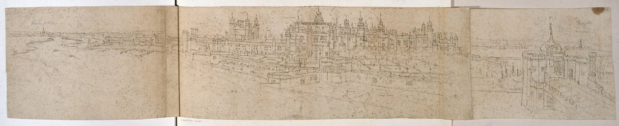 Hampton Court Palace from the River, 1544 körül (toll és tinta papíron) alkotó: Anthonis van den Wyngaerde