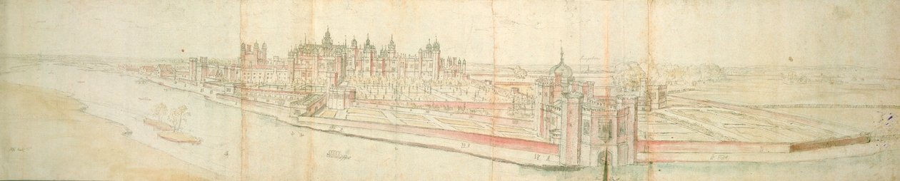 Hampton Court Palace from the River, 1544 körül (toll, tinta és WC papíron) alkotó: Anthonis van den Wyngaerde