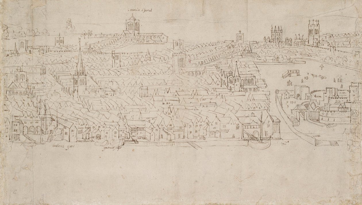 London panorámája Southwarkból nézve: Billingsgate a Tower Wharfig, 1554 alkotó: Anthonis van den Wyngaerde